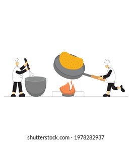 Cook chef with hat, uniform cooking in professional kitchen restaurant. Vector stock illustration isolated on white background for web site, poster, online school, diploma.