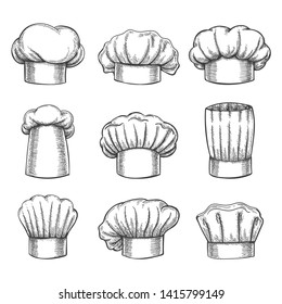 Cook chef hats. Cooker cap set, culinary head clothes for kitchen hand drawn vector illustration