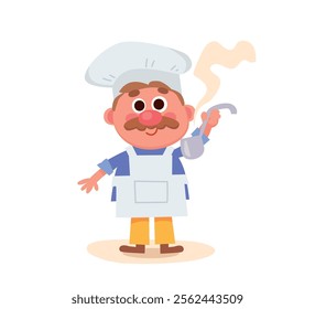 A cook the chef in a hood with a ladle in his hands stands isolated on a white background