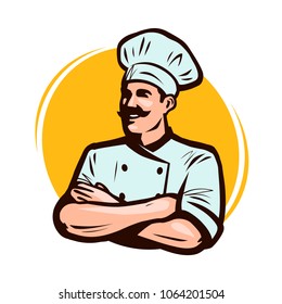 Cook, chef logo or label. Restaurant concept. Cartoon vector illustration