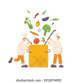 Cook chef make vegetable soup. Hat, uniform from professional kitchen restaurant. Vector stock illustration isolated on white background for web site online cooking course, class certificate, diploma.