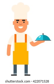 Cook chef man in yellow apron with a dish in hand. Coloured flat vector illustration isolated on white background