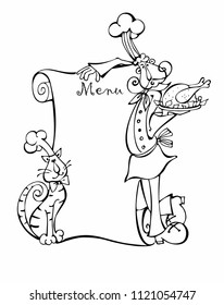 Cook. Chef.  Menu. Cat.  Menu for the cafe. Design concept. Cartoon. Coloring. Vector.