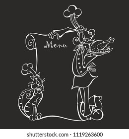Cook. Chef.  Menu. Cat. Chalk Board. Menu for the cafe. Design concept. Cartoon. Vector.