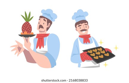 Cocina cocinera cocinera con bigotes y sabrosos platos de cocción presentados como ilustración vectorial de dibujos animados