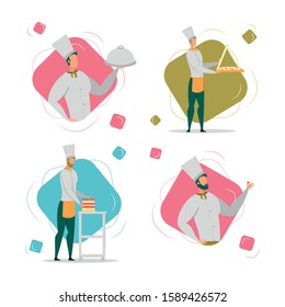 Cook Chef, Pizza Maker And Confectioner In White Robe And Uniform Cap Man Cartoon Characters Set. Culinary And Pastry Cookery, Professional Male Occupation. Flat Vector Illustration Isolated.