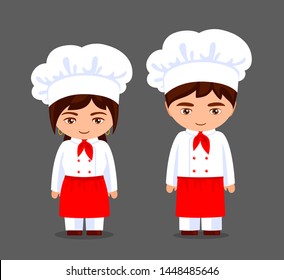 Cook Chef portraits. Little girl and boy in a cook's cap. Children. Cartoon characters. Vector flat illustration.