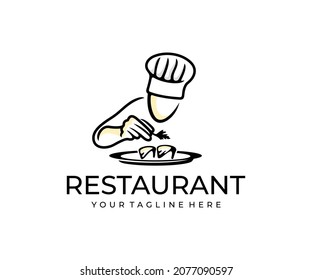 Cook, chef preparing a dish, logo design. Food, meal, restaurant and catering, vector design and illustration