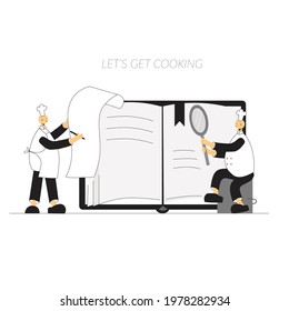 Cook chef with recipe book, hat, uniform from professional kitchen restaurant. Vector stock illustration isolated on white background for web site online cooking course, class certificate, diploma.