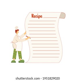 Cook chef with recipe sheet, hat, uniform from professional kitchen restaurant. Vector stock illustration isolated on white background for web site online cooking course, class certificate, diploma.