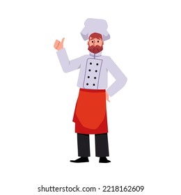 Cook chef in restaurant kitchen uniform showing thumb up. Kitchener for restaurant or takeaway food, catering flat vector illustration isolated on white background.