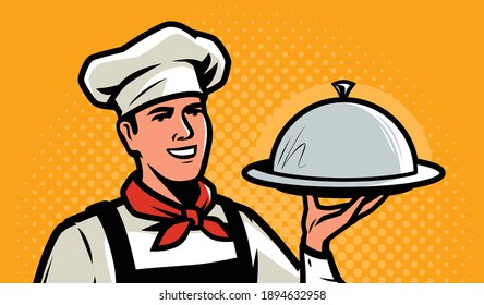 Cook, chef with tray in retro pop art style. Restaurant, food service concept