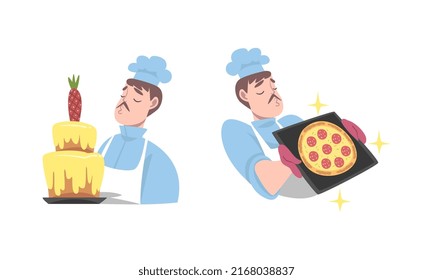 Cook chef in uniform cooking pizza and baking cake set cartoon vector illustration