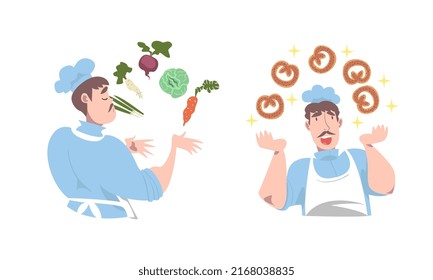 Cook chef in uniform juggling with fresh vegetables and freshly baked pretzels set cartoon vector illustration