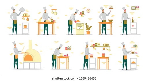 Cook Chef in White Robe and Uniform Cap Working in Restaurant Kitchen - Man Cartoon Characters Set. Professional Culinary and Cookery, Male Job Occupation. Flat Vector Illustration Isolated.