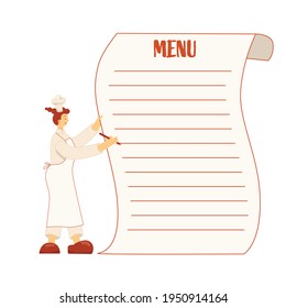 Cook chef woman with menu, hat, uniform from professional kitchen restaurant. Vector stock illustration isolated on white background for web site online cooking course, class certificate, diploma.