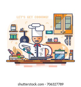 Cook chef at work at kitchen (cuisine), cooking. Modern thin line (outlined, linear), flat illustration. Kitchen background/backdrop
