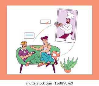Cook in chief hat holding dish with meal on mobile phone screen and people cartoon characters ordering restaurant cuisine food delivery from home. Vector illustration in sketch style isolated.