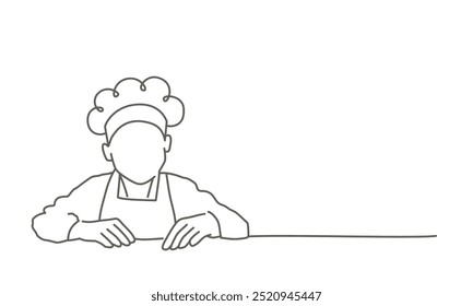 Cook, child is sitting at a table with his hands on his lap. He is wearing a chef's hat and an apron. Hand drawn vector illustration. Black and white.