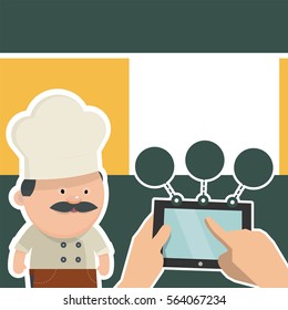 The cook chooses items from the tablet. Design template for restaurant menu. Vector illustration.