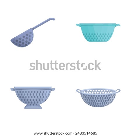Cook colander icons set cartoon vector. Colander of various shape and color. Kitchenware