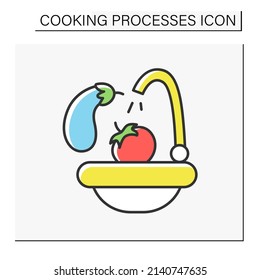 Cook color icon. Rinse vegetables and fruits before cooking.Cleaning by water.Cooking process concept. Isolated vector illustration