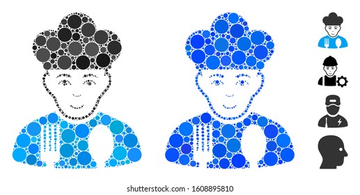 Cook composition of spheric dots in variable sizes and color hues, based on cook icon. Vector dots are grouped into blue composition. Dotted cook icon in usual and blue versions.