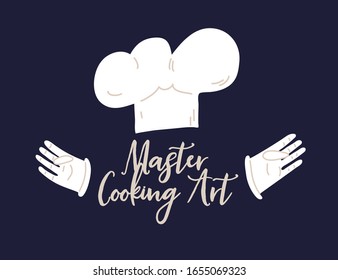 Cook concept isolated on dark background. Master Cooking Art lettering with cook professional white hat and gloves. Educational cooking logo, sign and banner
