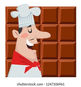 Cook confectioner on a background of chocolate. Vector illustration in cartoon style.