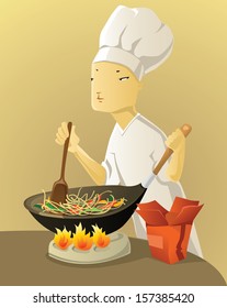 A Cook Cooking in Wok