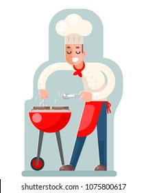 Cook cooks meat grill flat design vector illustration
