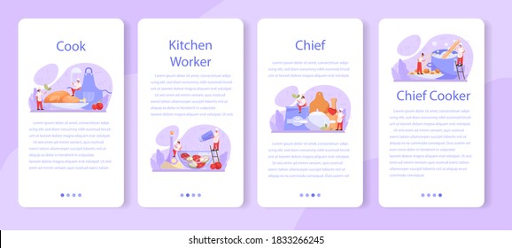 Cook or culinary specialist mobile application banner set. Chef in apron making tasty dish. Professional worker on the kitchen. Food maker. Isolated vector illustration in cartoon style