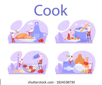 Cook or culinary specialist set. Chef in apron making tasty dish. Professional worker on the kitchen. Food maker. Isolated vector illustration in cartoon style