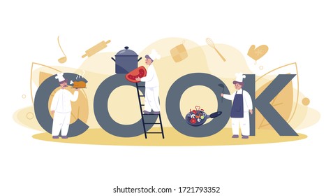 Cook or culinary specialist typographic header concept. Chef in apron making tasty dish. Professional worker on the kitchen. Food maker. Isolated vector illustration in cartoon style