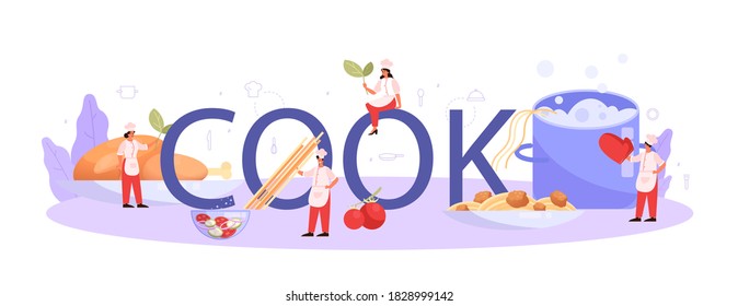 Concepto de cabecera tipográfica de cocinero o especialista en cocina. El chef elabora un plato delicioso en delantal. Trabajador profesional en la cocina. Fabricante de alimentos. Ilustración vectorial aislada en estilo de dibujos animados