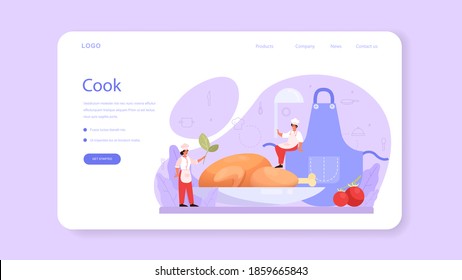 Cook or culinary specialist web banner or landing page. Chef in apron making tasty dish. Professional worker on the kitchen. Food maker. Isolated vector illustration in cartoon style