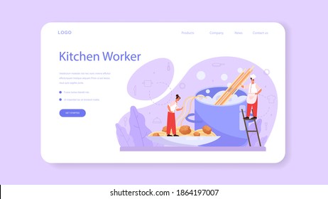 Cook or culinary specialist web banner or landing page. Chef in apron making tasty dish. Professional worker on the kitchen. Food maker. Isolated vector illustration in cartoon style