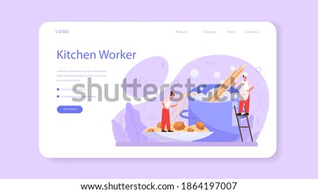 Cook or culinary specialist web banner or landing page. Chef in apron making tasty dish. Professional worker on the kitchen. Food maker. Isolated vector illustration in cartoon style