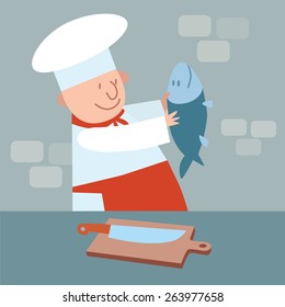 Cook cut up fresh fish. The chef in the kitchen. Food meat