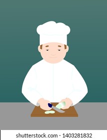 The Cook Cuts The Vegetables On a Cutting board With a Knife. Modern Flat Vector Illustration.