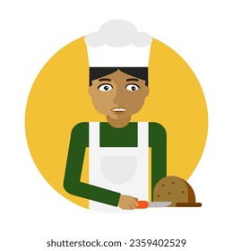 Cook cutting bread with knife flat vector circle icon. Chef in apron uniform and head cap cooking meal isolated on white background. Activities and professions, food, culinary concept