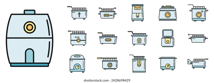 Cook deep fryer icons set outline vector. Electric bake food. Hot fat chips