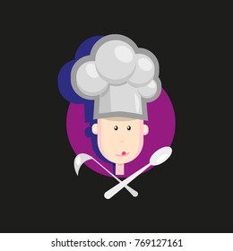 The cook is depicted. A ladle, a lilac circle. The background is dark.