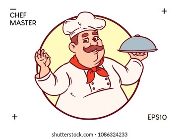 Cook with a dish in hand.