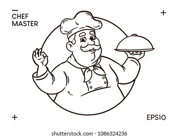 Cook with a dish in hand.