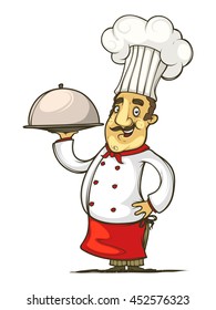 Cook with dish in hand. Isolated on white background