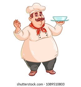Cook with a dish in hand. Logo for restaurants, cafes, bakeries, snack bars.