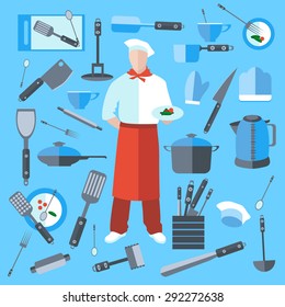 Cook with dish in hand. A set of kitchen utensils in a flat style. Isolated kitchenware, kettle, frying pan, saucepan. The modern concept of icons for your design. Isolated vector illustration