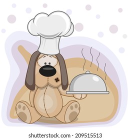 Cook dog with a tray in hand 