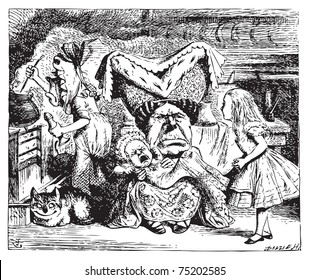 Cook, Duchess, Cheshire Cat, Baby, and Alice. Duchess is sitting on a three-legged stool in the middle, nursing a baby. Alice's Adventures in Wonderland. Illustration from John Tenniel.